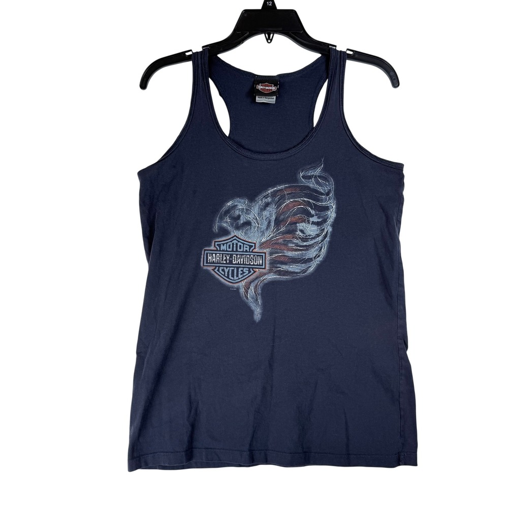 Harley Davidson Tank Top Womens Medium Blue Eagle Flag Graphic Biker Americana